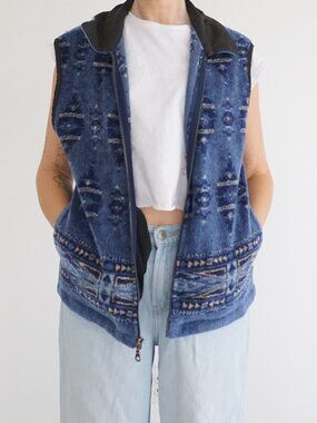 Vintage Tsunami Blue Southwest Geometric Full Zip Fleece Vest Western Outdoor XL